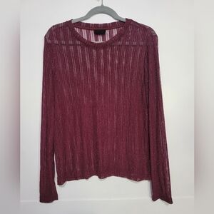 Lumiere Sheer Knit Metallic Long Sleeve Tee Burgundy Large